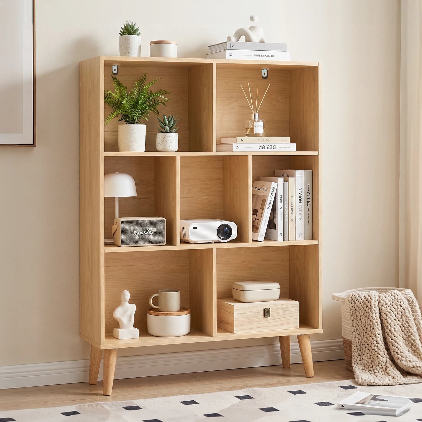3 Tier Wooden Bookshelf with 7 Cubes and Adjustable Layout