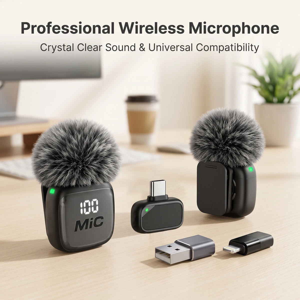 Wireless Lavalier Microphone with USB-C, Lightning and USB Adapters