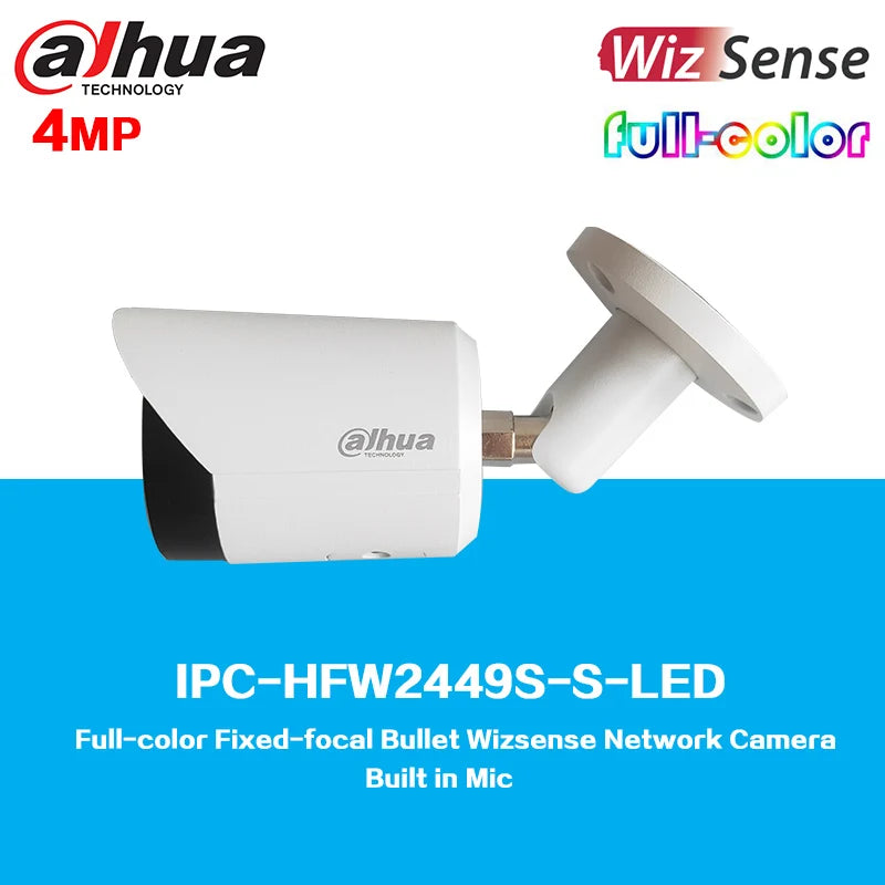 Dahua IPC-HFW2449S-S-LED 4MP Full-color Fixed-focal Bullet Wizsense Network Camera, Support Built-in Mic.