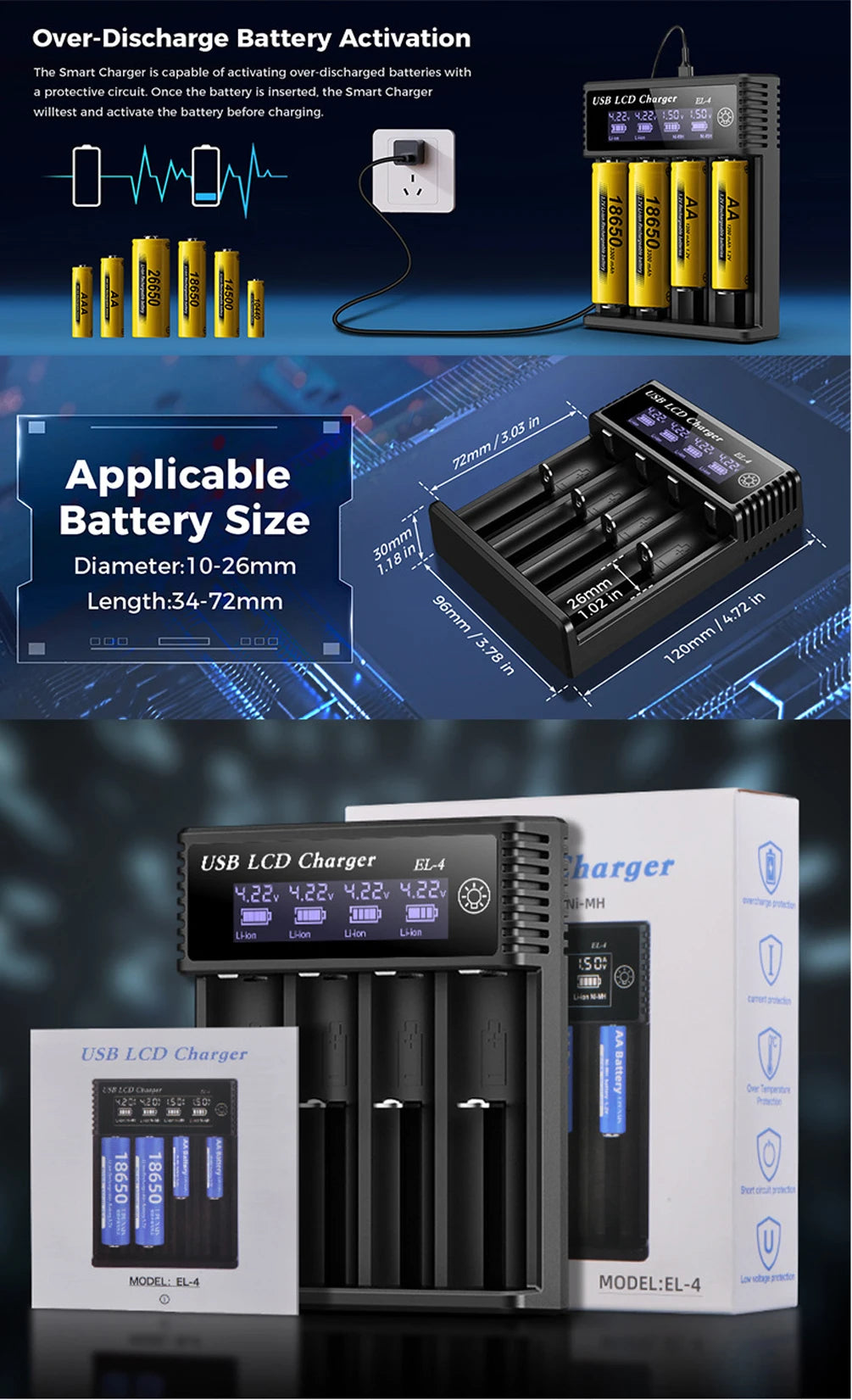 LCD USB Battery Charger - One to Four Slots