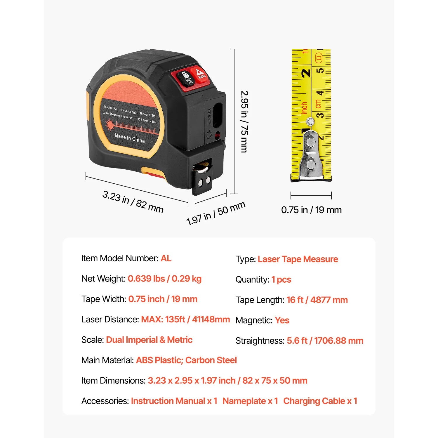 2-in-1 Laser Tape Measure 135ft + 16ft Rechargeable Tool