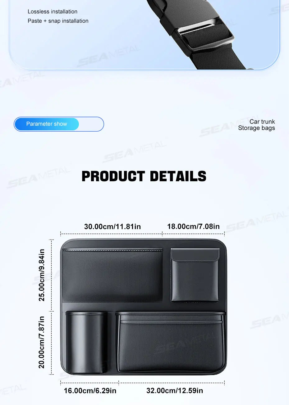 SEAMETAL SUV/MPV Trunk Storage Bag Wear-Resistant PU Leather Car Organizer Hook-and-Loop Fastener Auto Seat Back Storage Pouch
