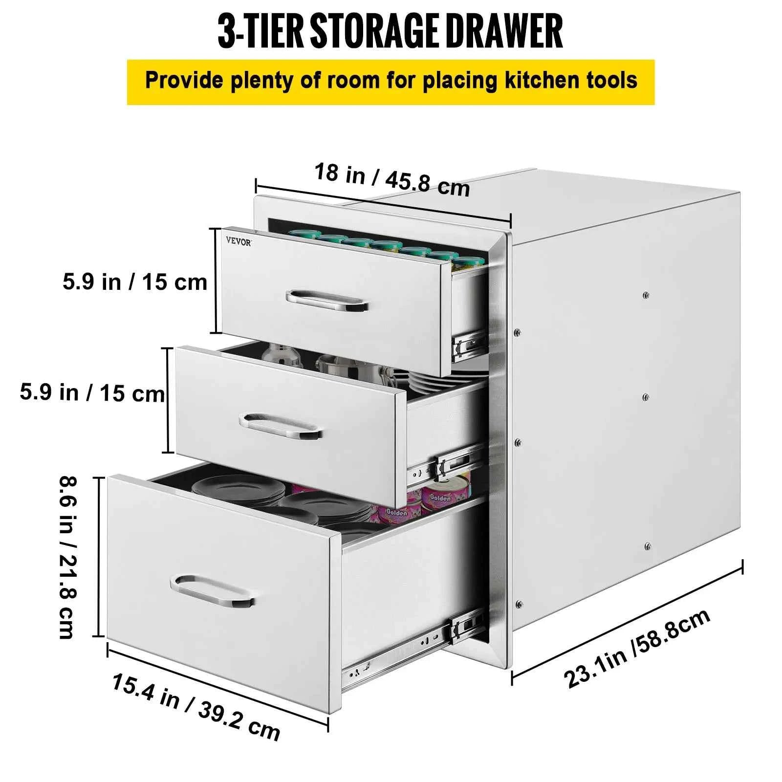 SucceBuy StainlessSteel Outdoor Kitchen Drawer With Handle Triple Layer forBBQIsland Grilling Cabinet Storing Cookware Tableware