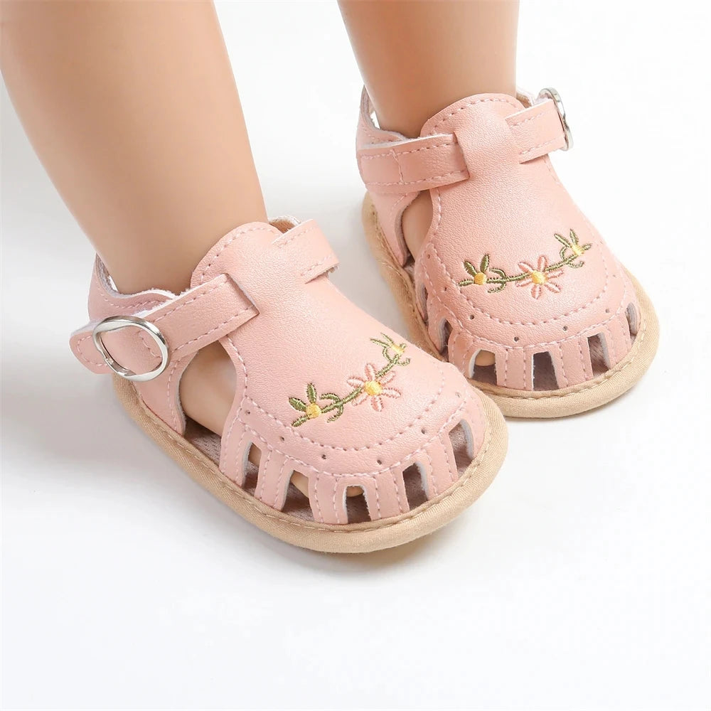 Newborn Baby Girl Sandals with Embroidered Floral Soft Sole