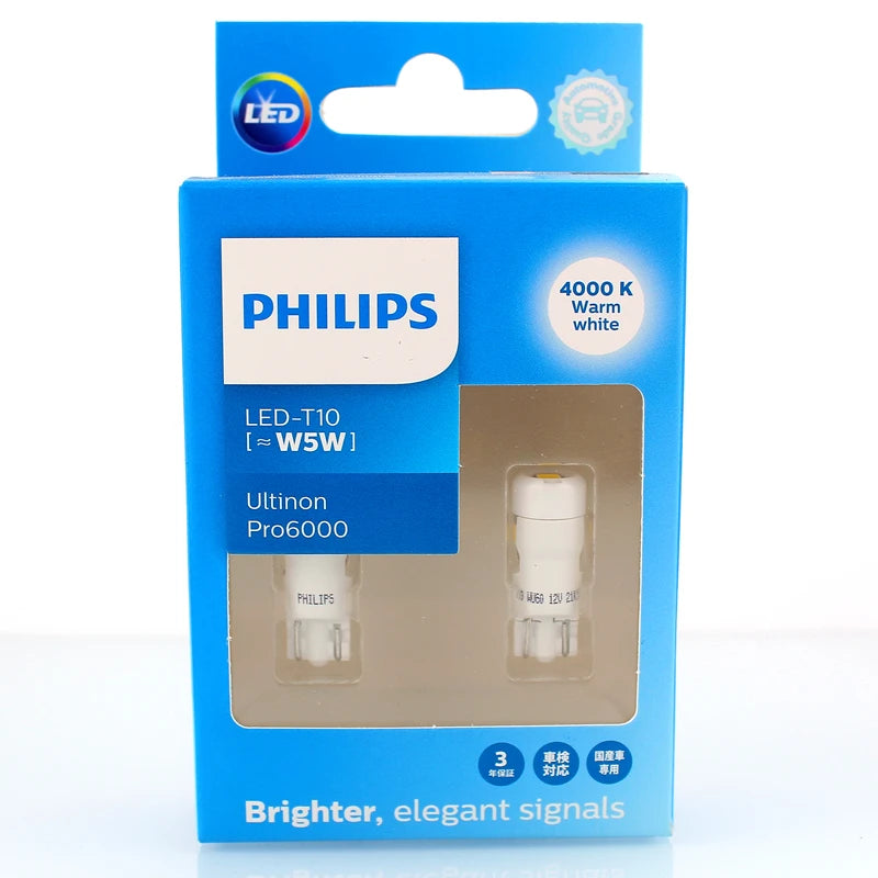 Philips LED T10 W5W Ultinon Pro6000 4000K 6000K White Bright Car Interior Lamps Turn Signal No Flash Flickering Error Free