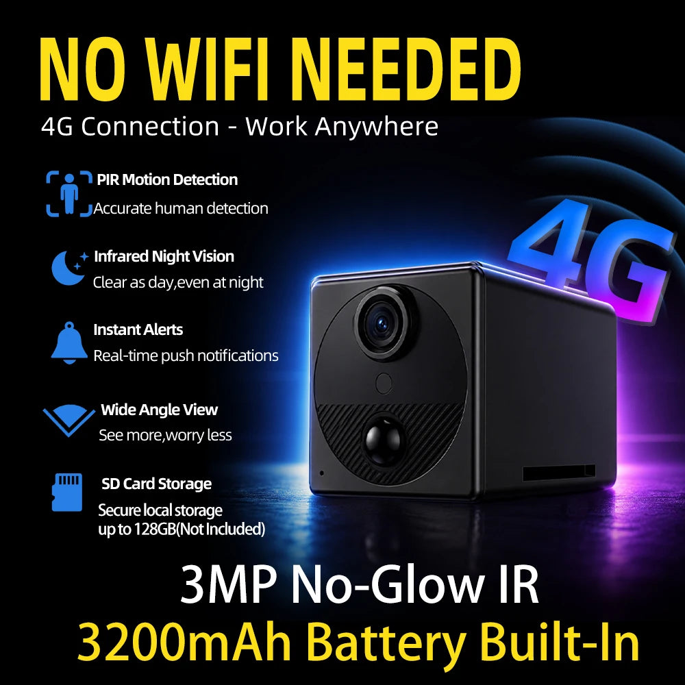 Built-in EU 4G Sim Card Portable Battery Security 3MP Indoor PIR Motion Detection 940NM Infrared Camera UboxPro APP Remote View