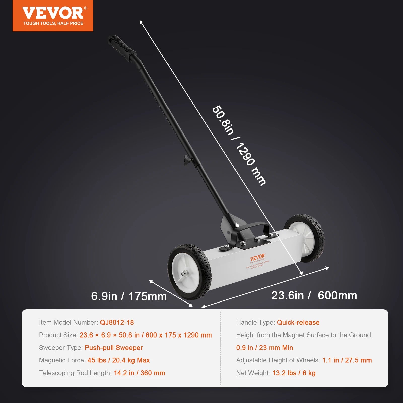 36-Inch Rolling Magnetic Sweeper with Wheels and Adjustable Handle