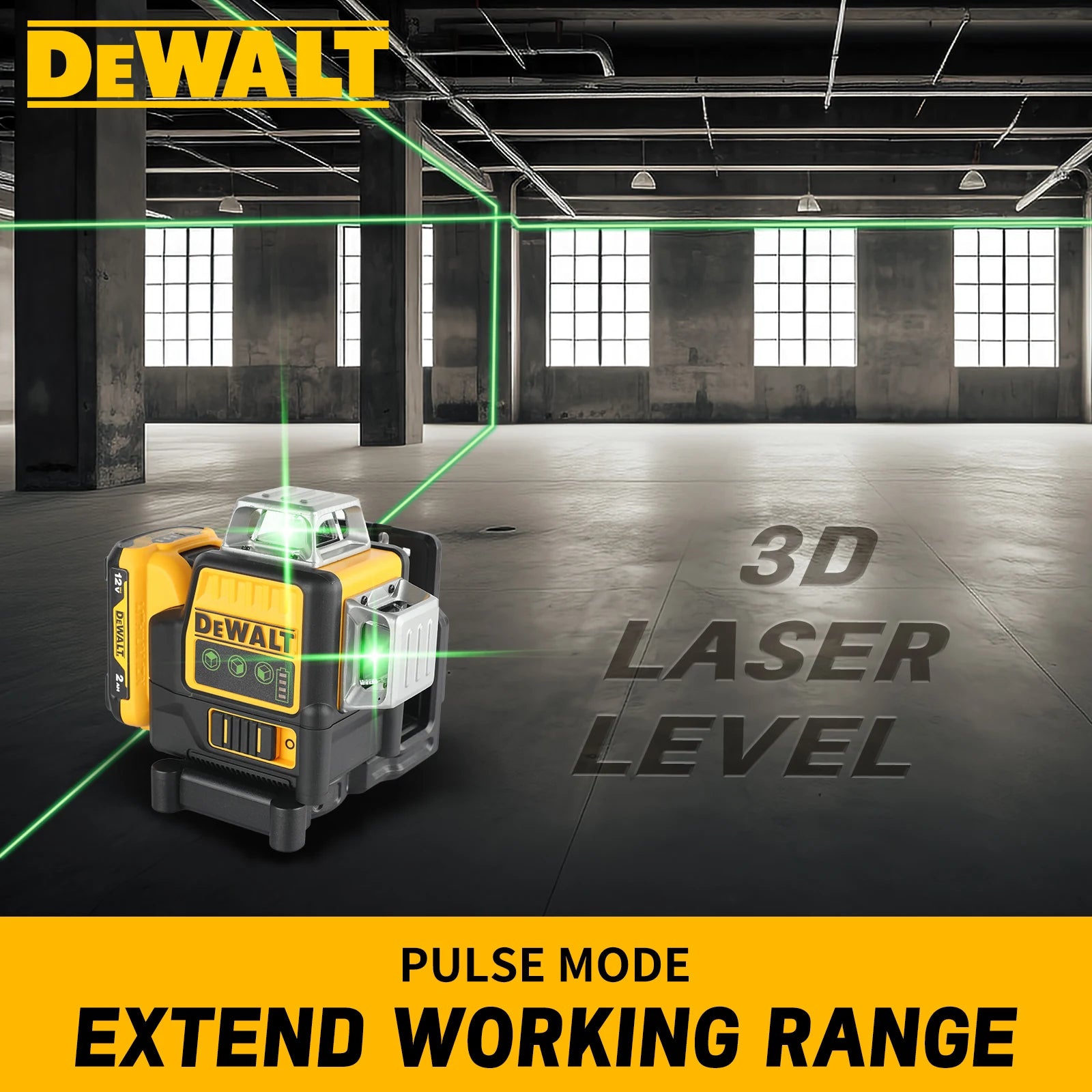 Niveau laser vert 360° à 12 lignes avec batterie 12V et auto-nivellement