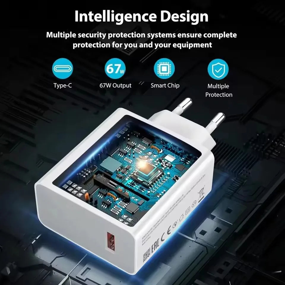 USB Wall Charger with USB-C Cable, EU Plug Options