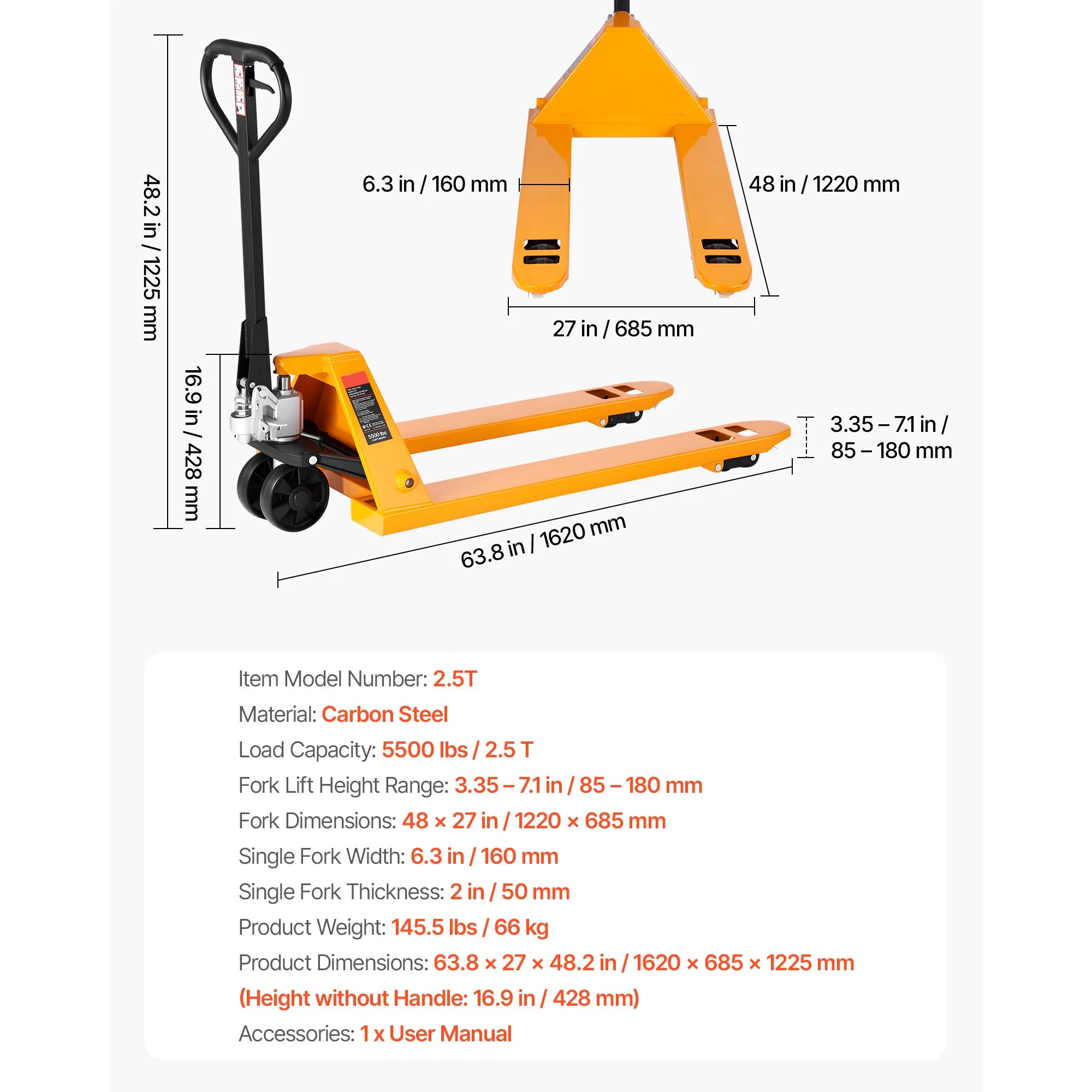 5500 lbs Manual Pallet Jack Heavy Duty 3.35–7.1 in Lift Range