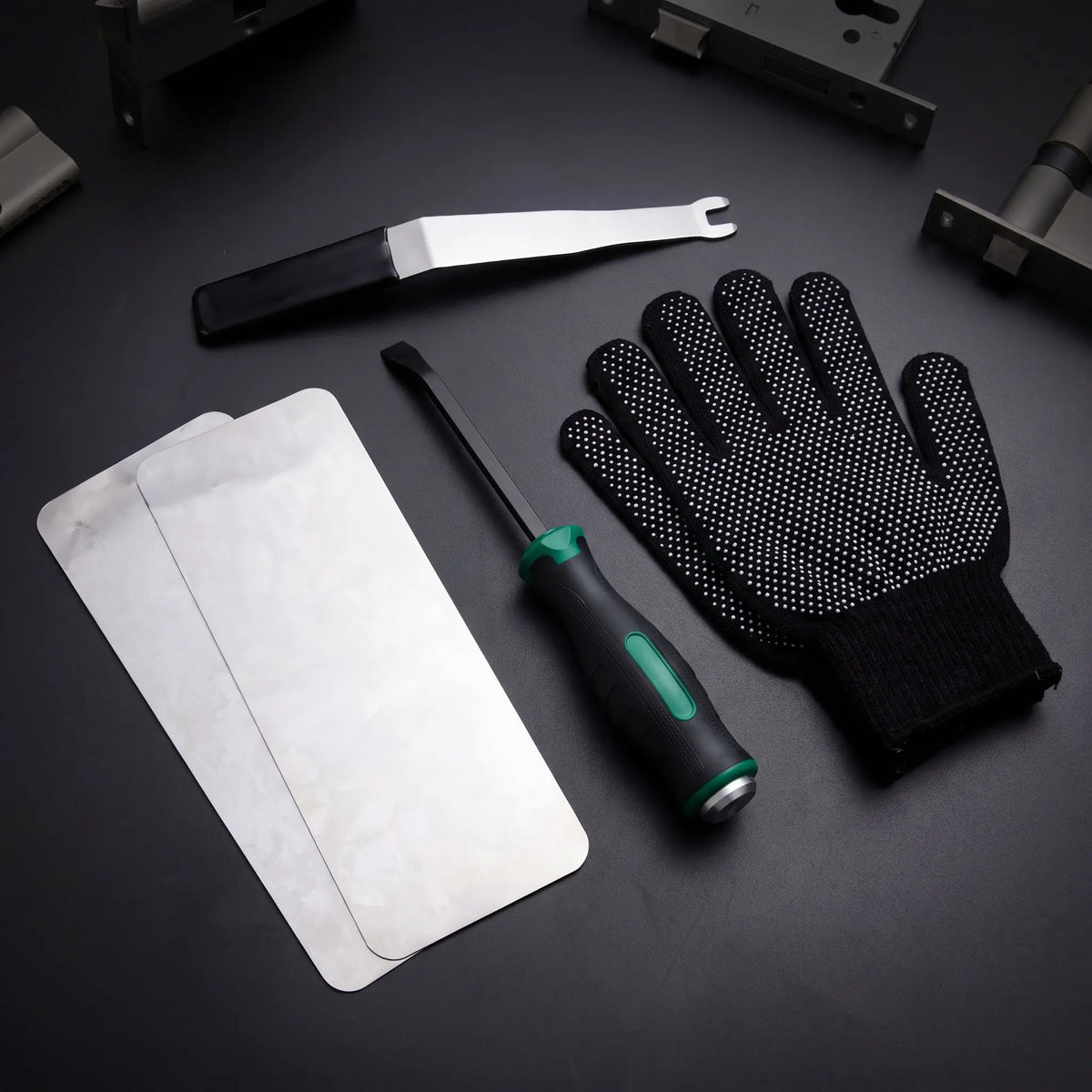 Smart Lock Installation Disassembly Tool Set, U-shaped Pry Wrench, Scraper, Metal Shield Plate & Non-slip Work Gloves