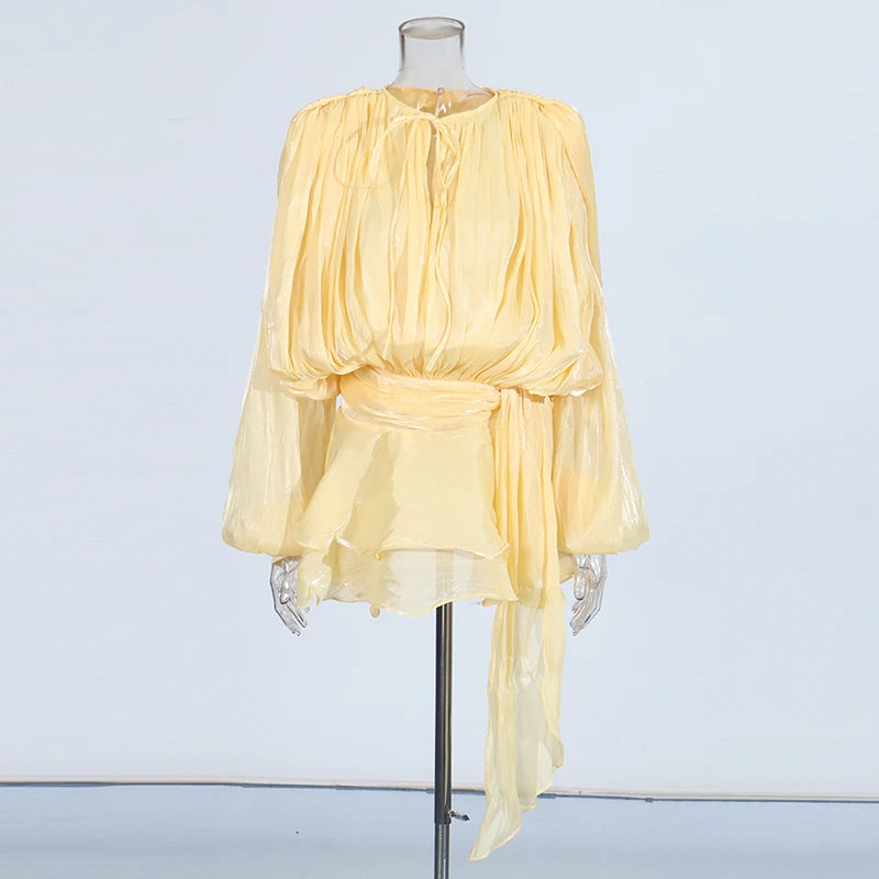 TWOTWINSTYLE Solid Patchwork Lace Up Blouse Mini Dresses For Women V Neck Long Sleeve Sweet Style Dress Female Clothing Fashion