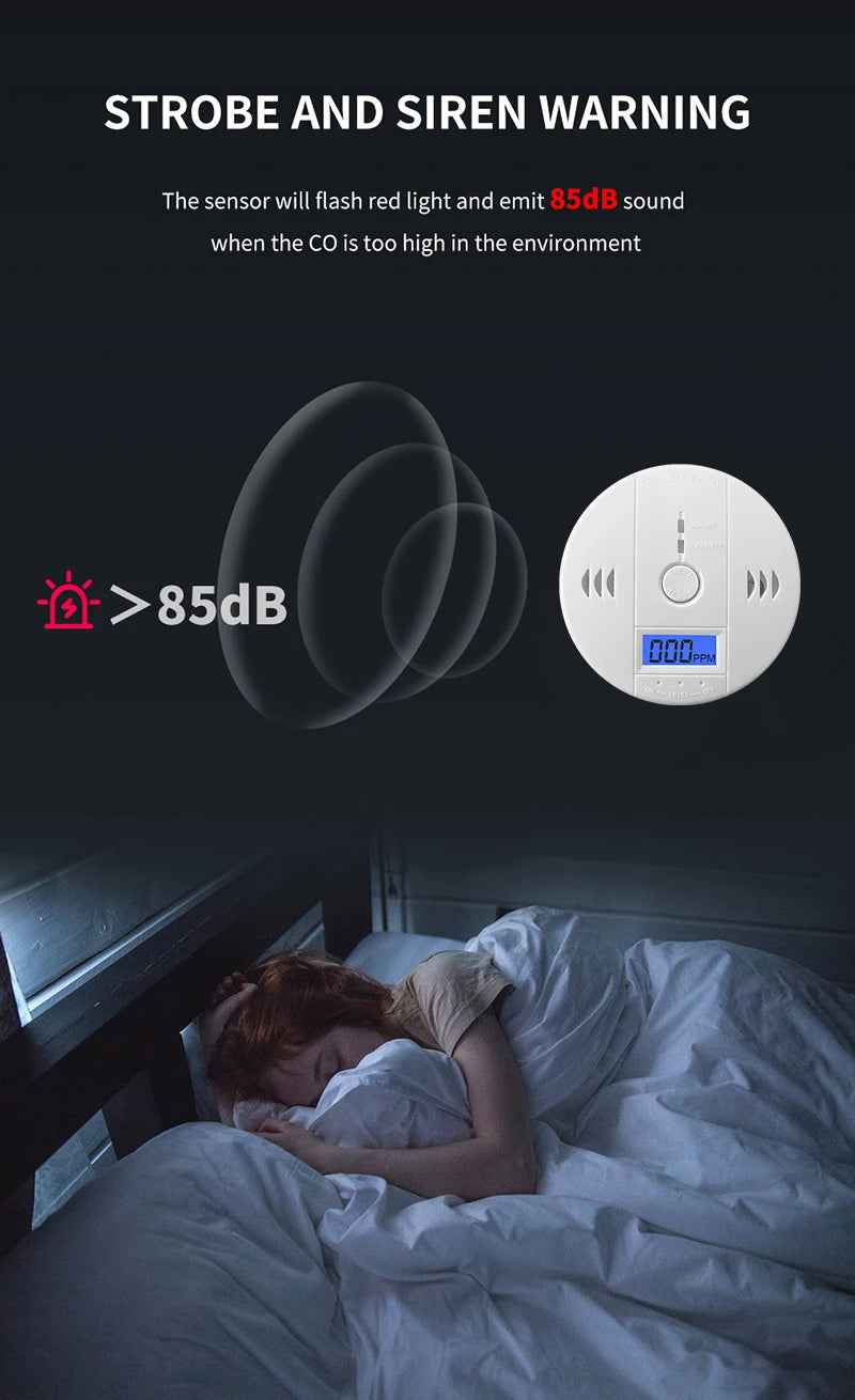 Carbon Monoxide Detector Alarm New Photoelectric Sensor 85dB Sound Warning LCD Digital Display Home Indoor CO Poisoning Siren