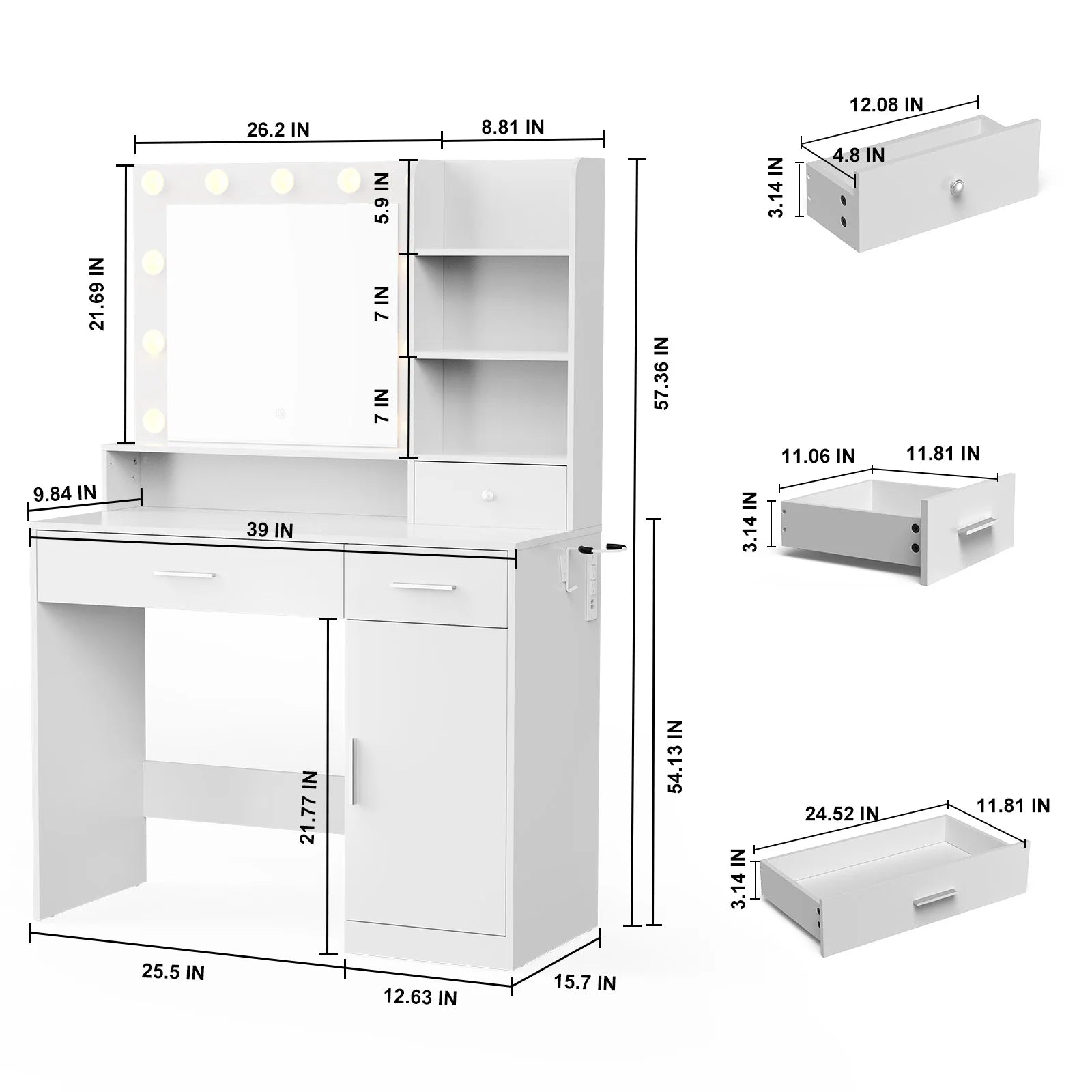 Modern Vanity Desk with Mirror Lights, Storage Cabinets & Drawers
