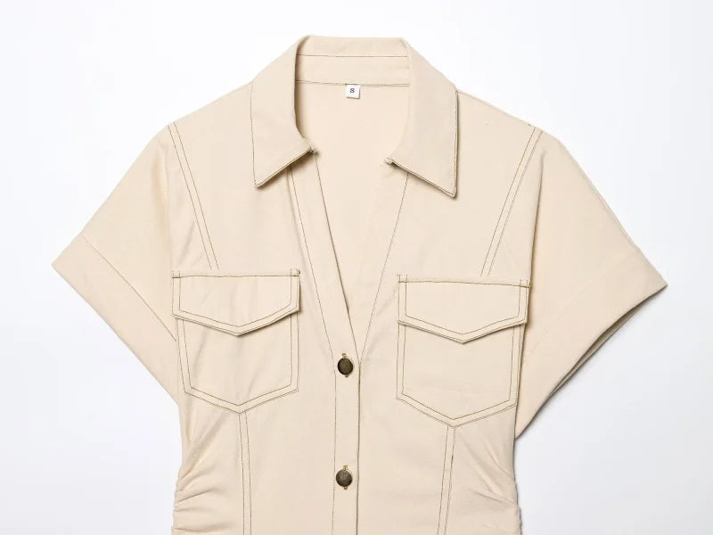 ETJ 2025 Spring New 1975 series denim MIDI dress with lapel side zipper fashion wrinkle waist slim elegant dress