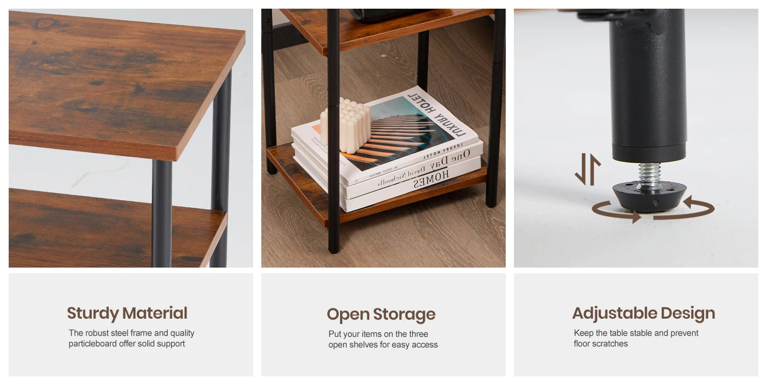 3-Tier Narrow End Table with Storage & Adjustable Feet