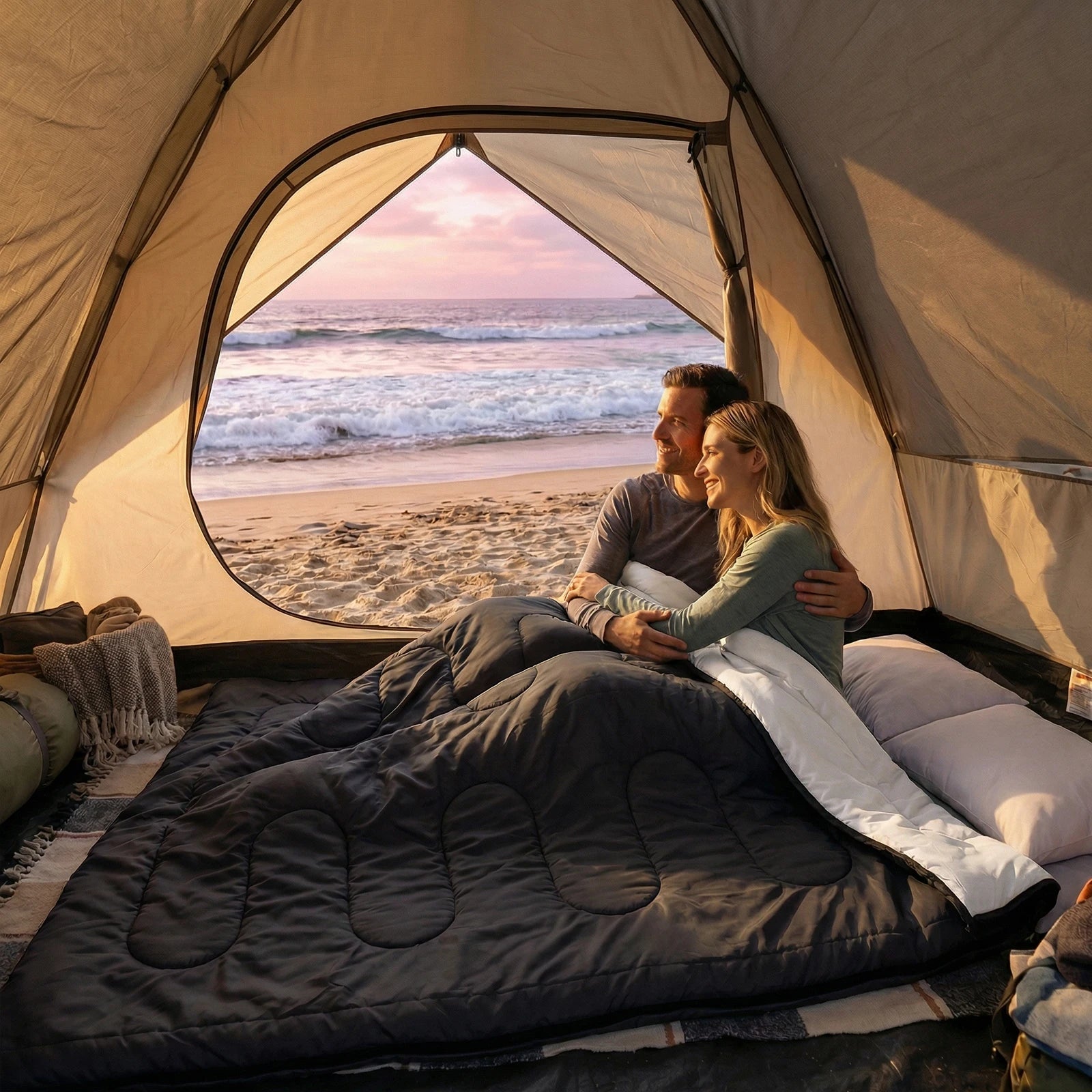Double Sleeping Bag for 2 Adults with Pillows, 3 Season Camping