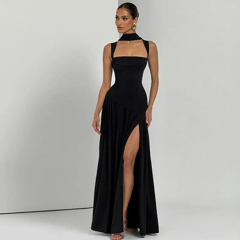 Elegant Sleeveless High Waist Slit Dress with Belted Sash