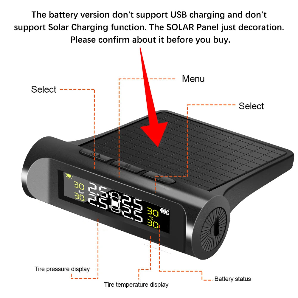 Solar TPMS Tire Pressure Monitoring System with External Sensors