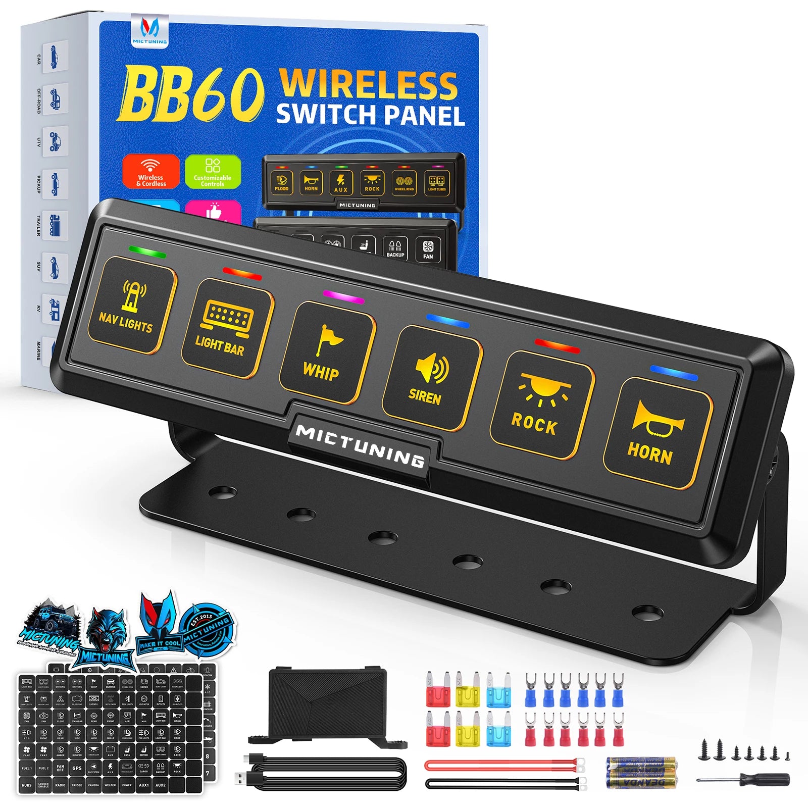 MICTUNING BB40 4-Gang/6-Gang Wireless Switch Panel, 164FT Control Range Auxiliary ON-OFF Relay Circuit Box AAA Batteries for Car