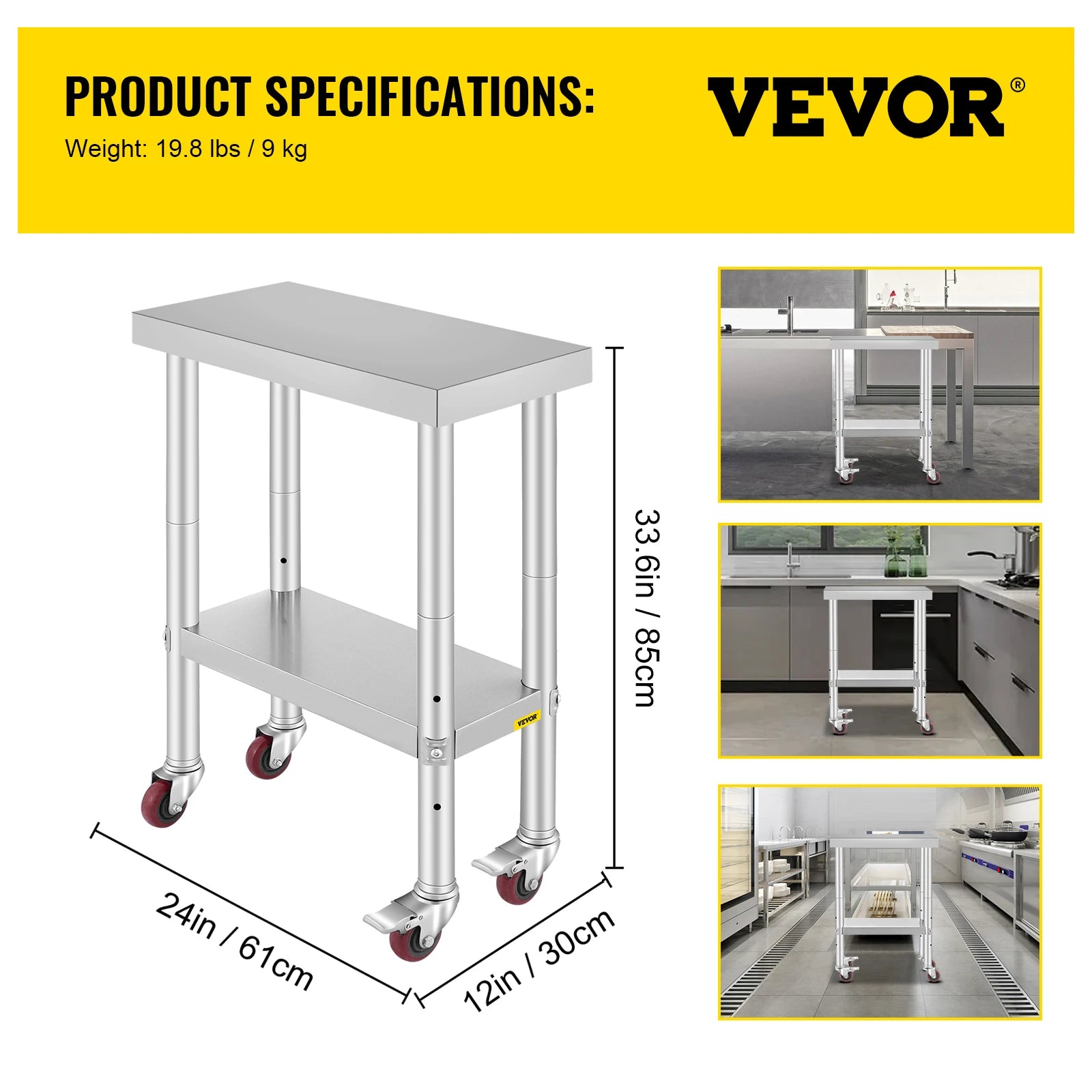 Stainless Steel Kitchen Worktable with Shelves and Caster Wheels