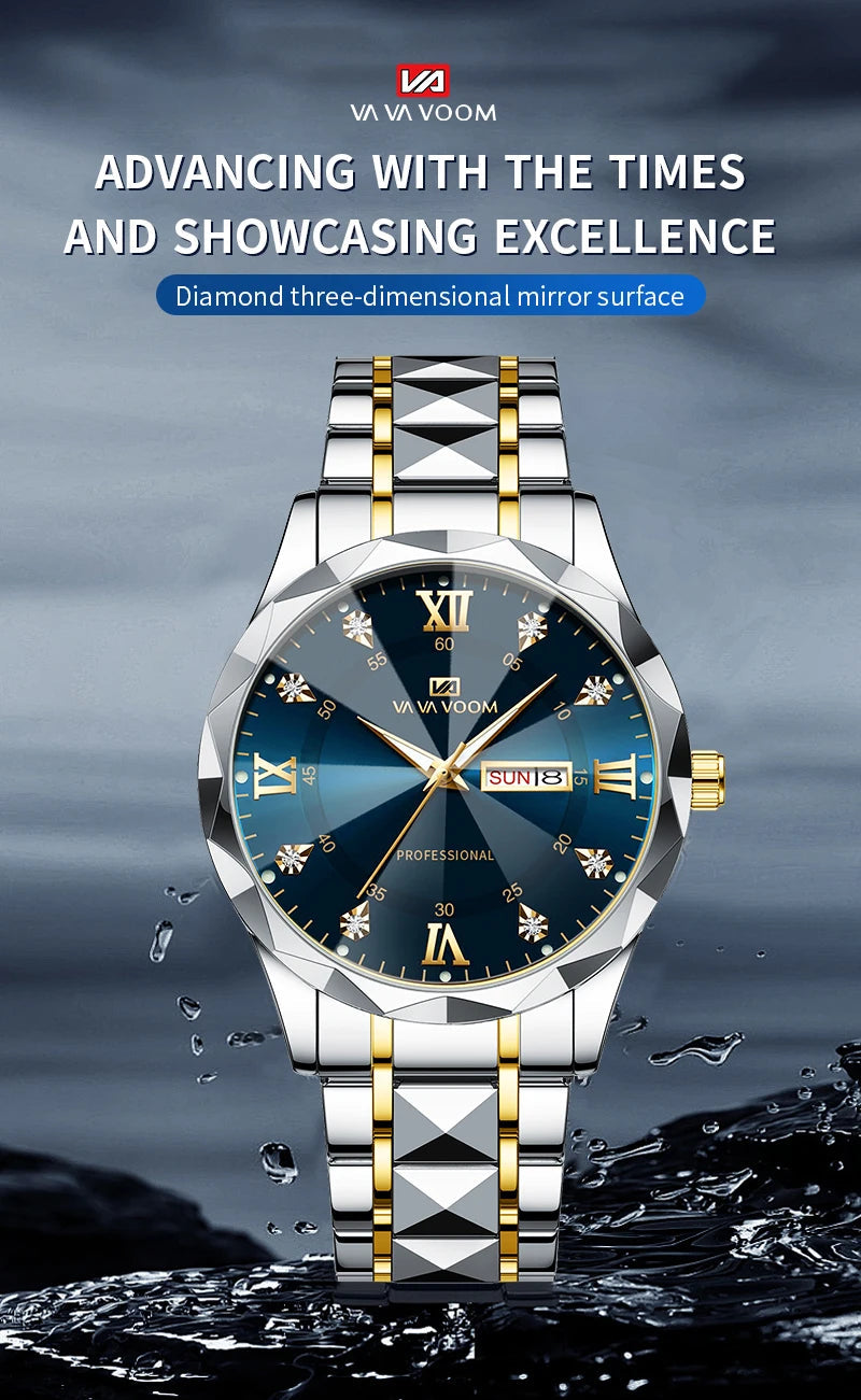 2024 New Men's Watch Fashion Rivet Stainless Steel Strap Luxury Water Diamond Diamond Luminous Blue Gold Dial Business Men Watch