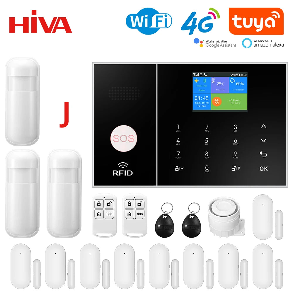 HIVA 4G Security Alarm System For Home WiFi Tuya Smart Life App Control Burglar Alarm Kit Work With Alexa With Pir Door Sensor