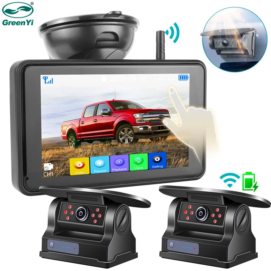 7'' Magnetic Solar Charging Wireless DVR Camera with 1080P Touch Monitor BSD Blind Spot Alarm, for Truck/RV/Trailer/Forklift