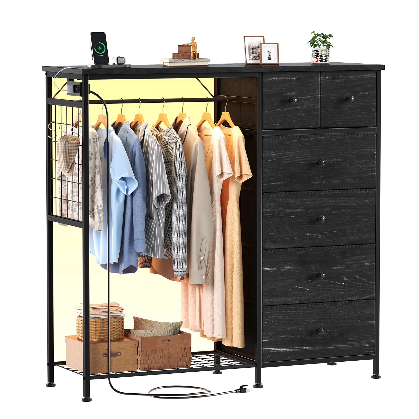 6-Drawer Fabric Dresser with Hanging Rack, LED Lights & Charging Station