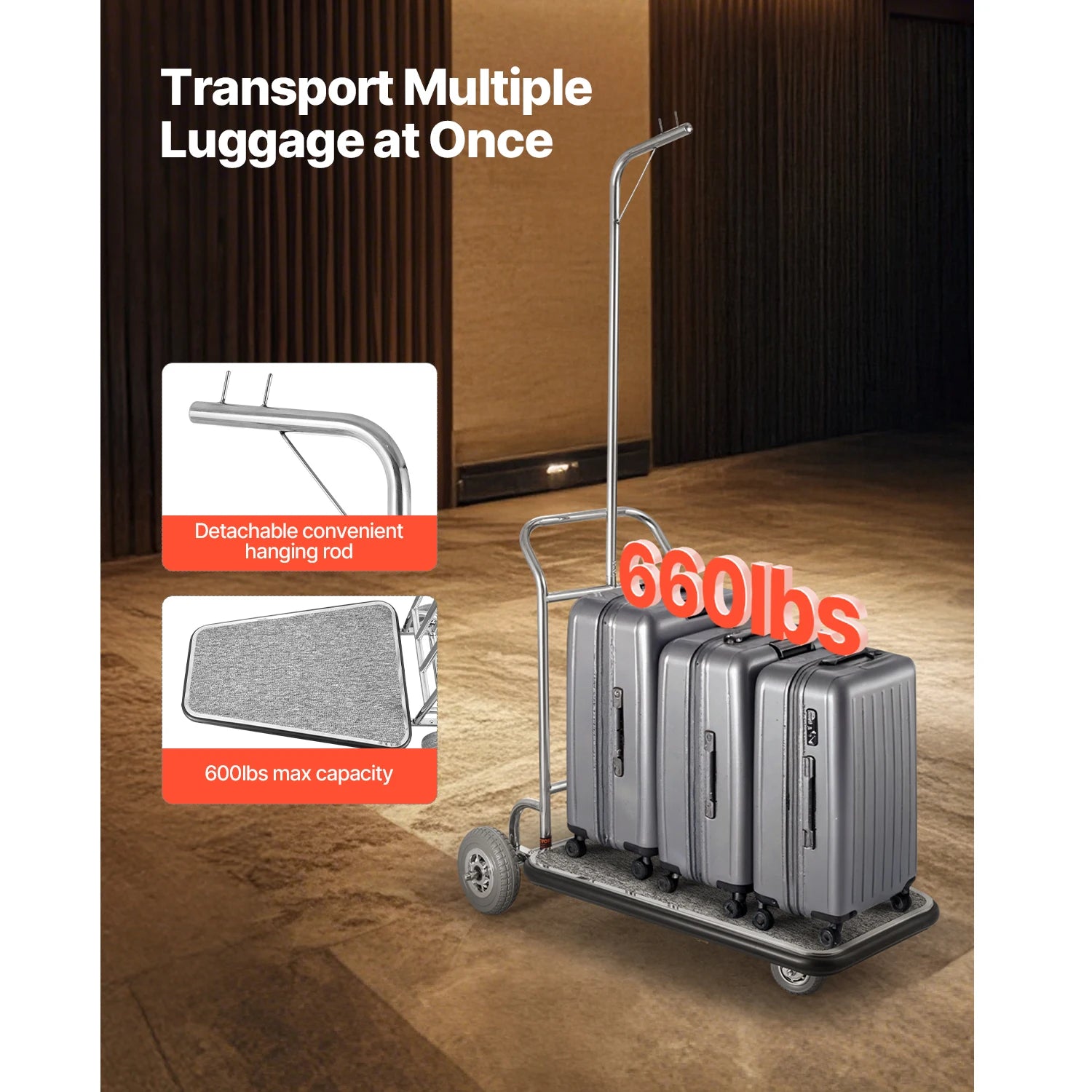 600 lbs RVS Bellman Bagagewagen met stille 3 wielen