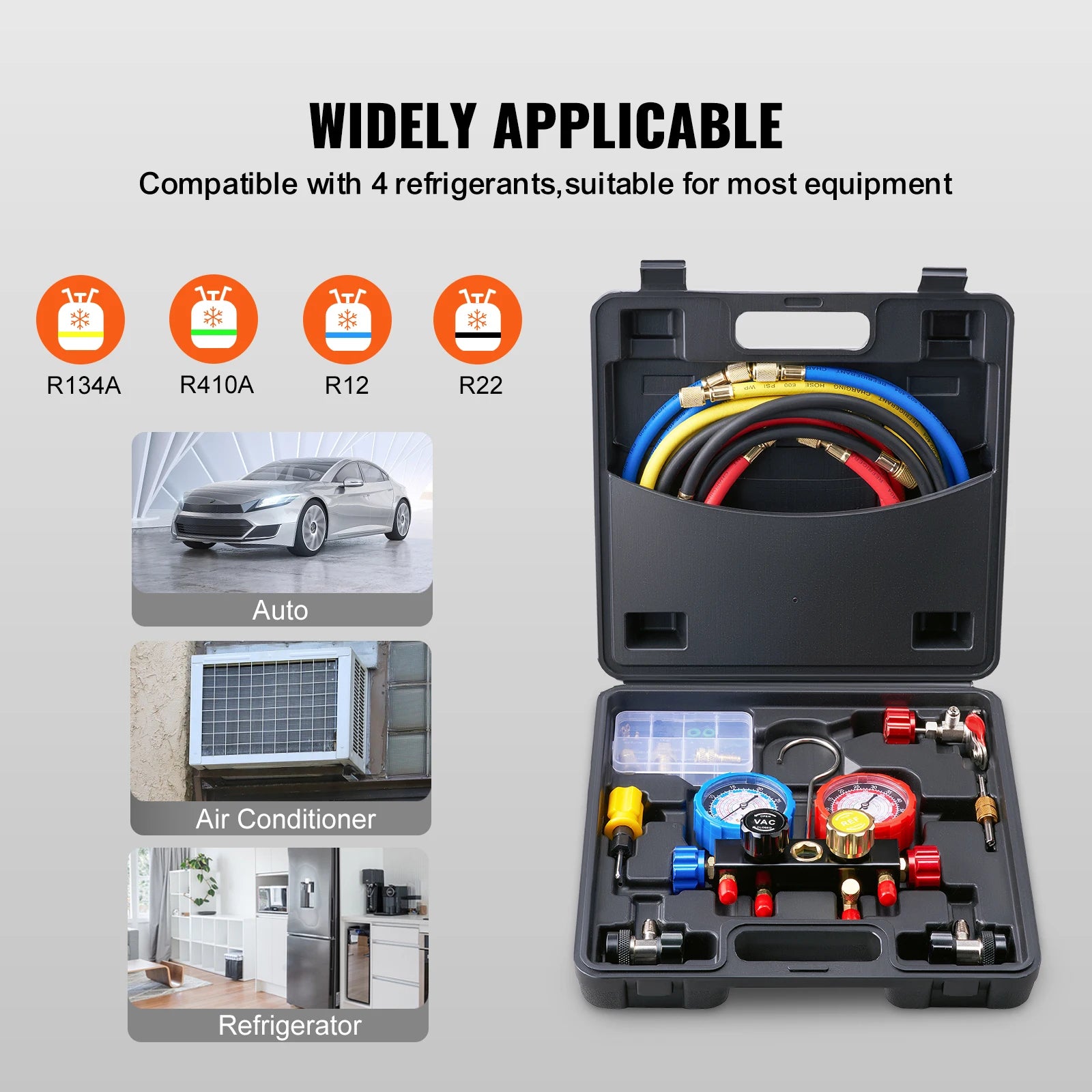 4-Way AC Manifold Gauge Set with 5ft Hoses for Refrigerant Service