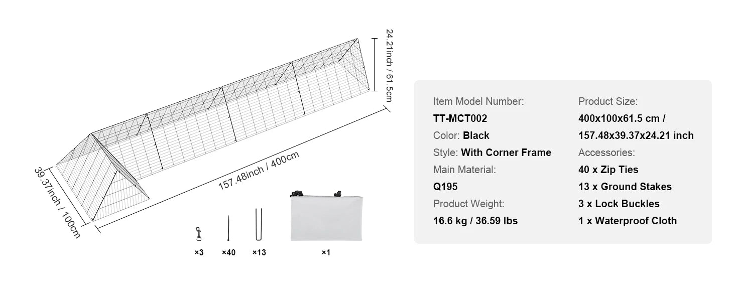SucceBuy Hühner-Tunnel 157,5 x 39,4 x 24,2 in Hühner-Tunnel für den Hof Tragbare Hühner-Tunnel für Außen-Eckrahmen