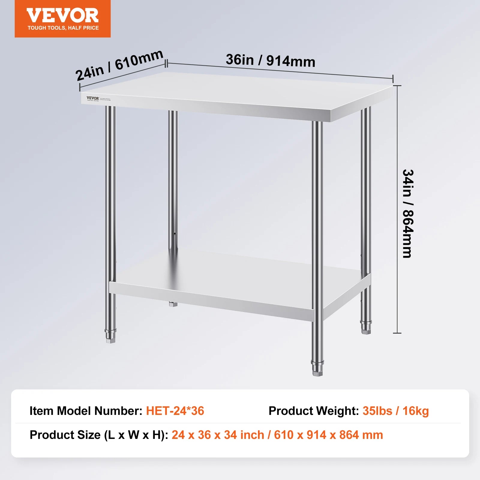 Stainless Steel Prep Table with Adjustable Shelf for Kitchen or Garage