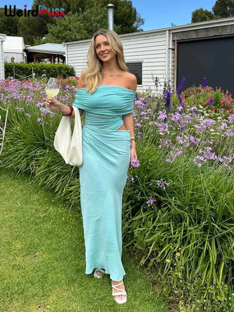 Weird Puss Ruched Irregular Dress Women Mesh Patchwork Slash Neck Short Sleeve Skinny Stretch Trend Elegant Long Bodycon Outfits