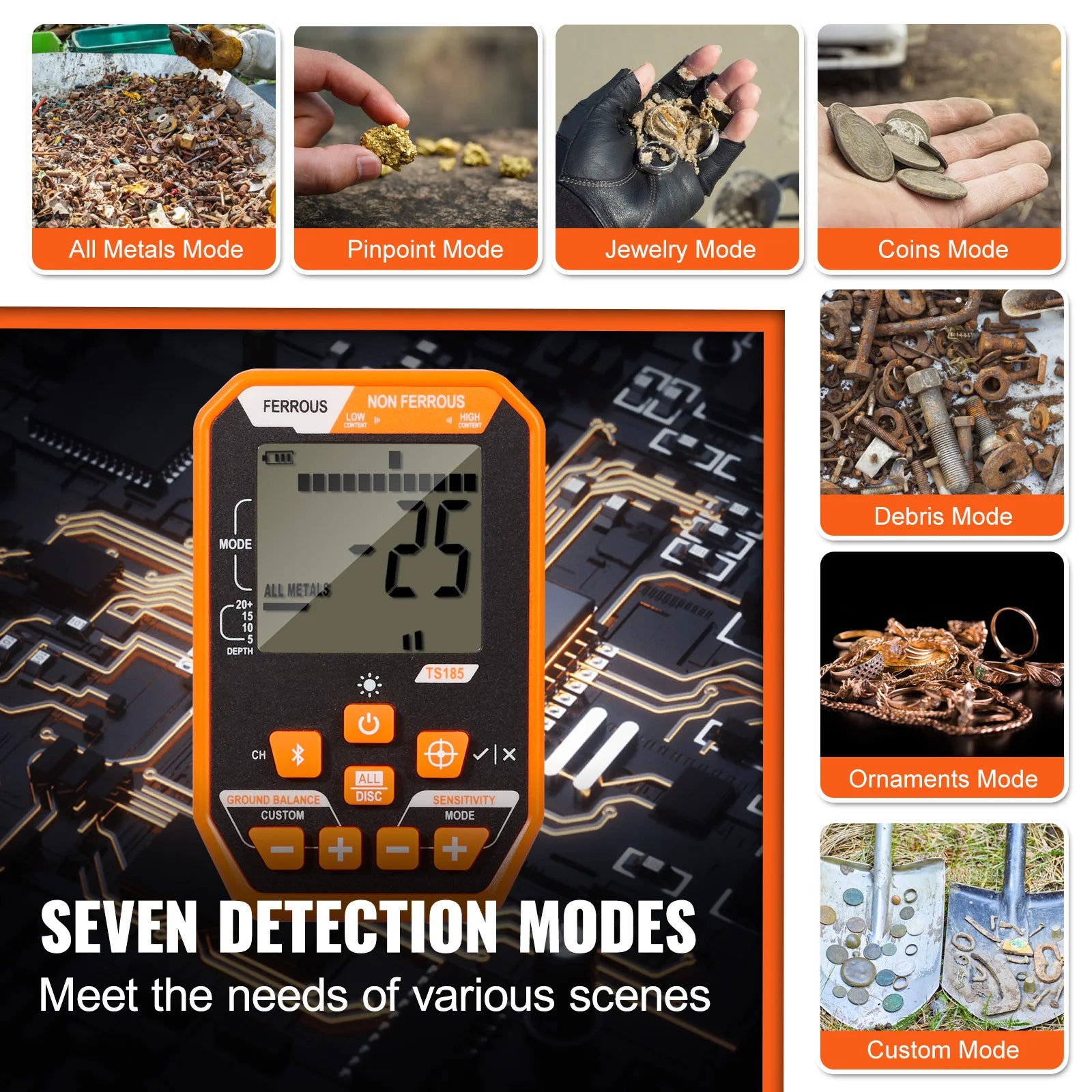 Professional Waterproof Metal Detector with 12" Coil & 7 Modes