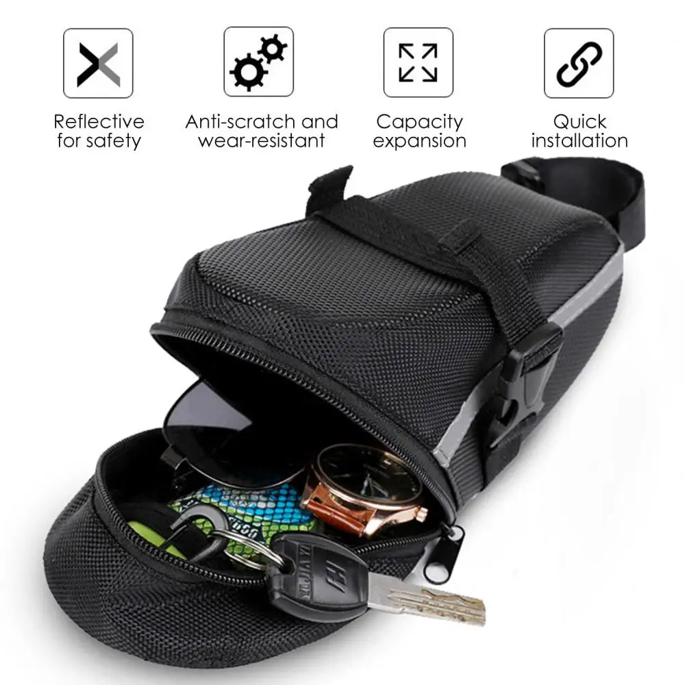 Bolsa reflectante para sillín de bicicleta con compartimento trasero