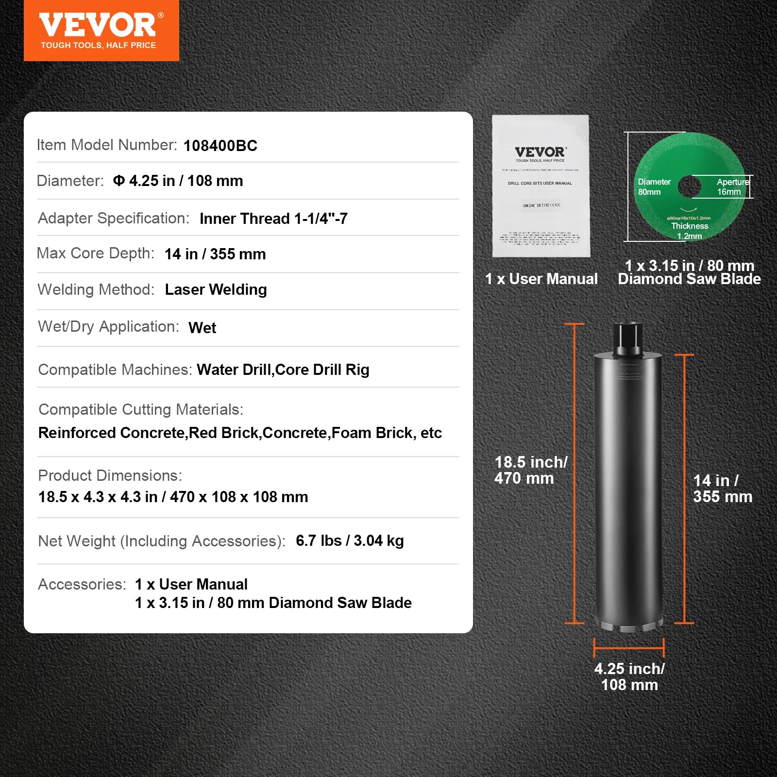 Wet/Dry Diamond Core Drill Bit for Brick and Concrete with Pilot Bit, Adapter and Saw Blade