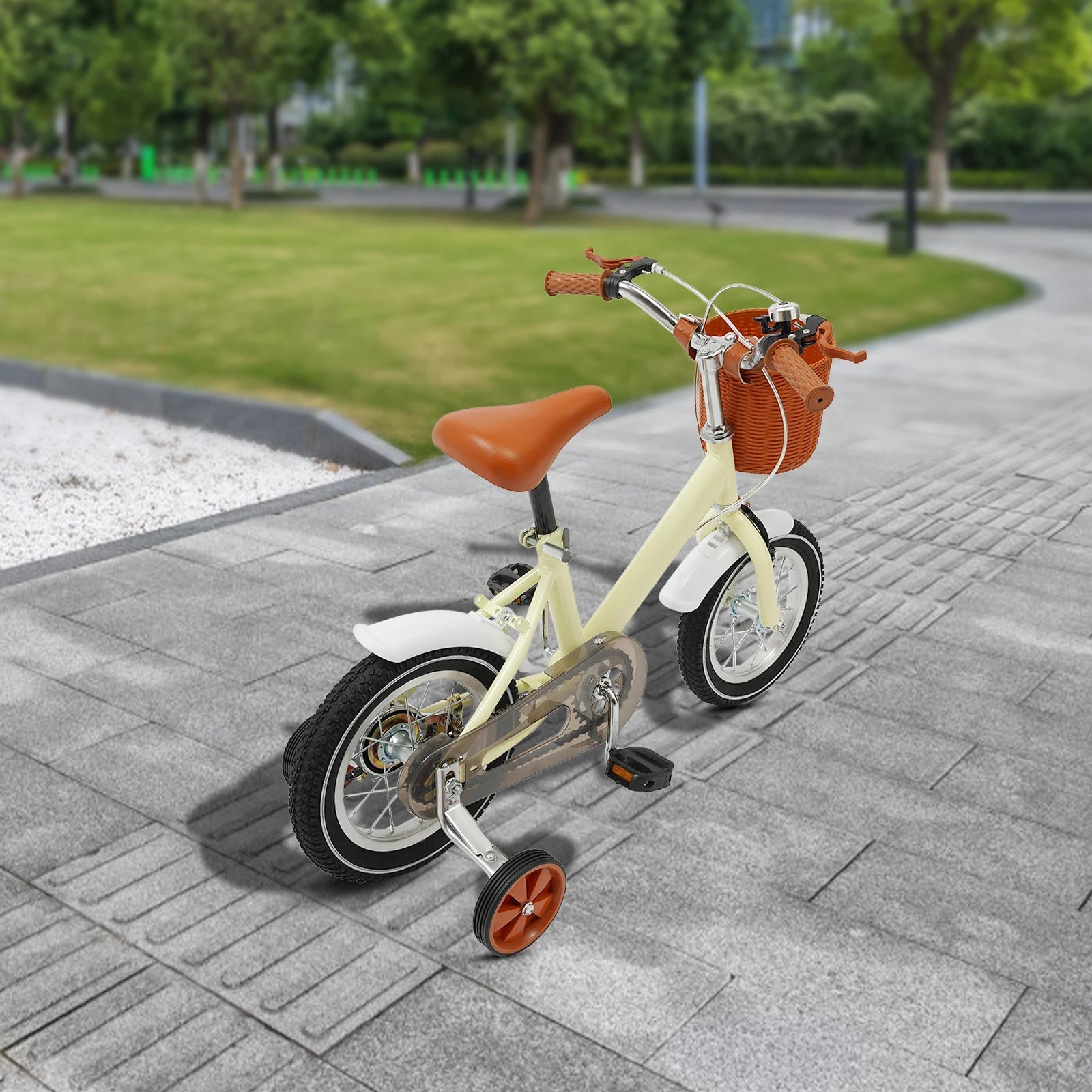 12 Inch Kids Bike w/Training Wheels+Basket, Dual Brakes Adjustable Children's Bicycle Load 40kg for Ages 2-4 (Green/Yellow/Pink)