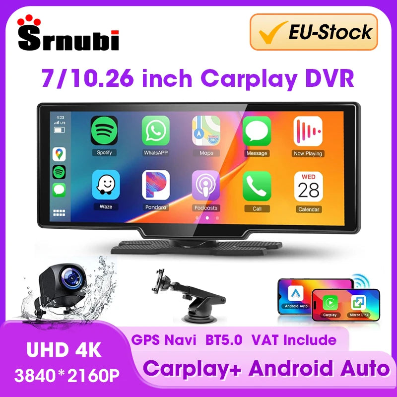 Wireless CarPlay Screen with 4K Dash Cam and GPS