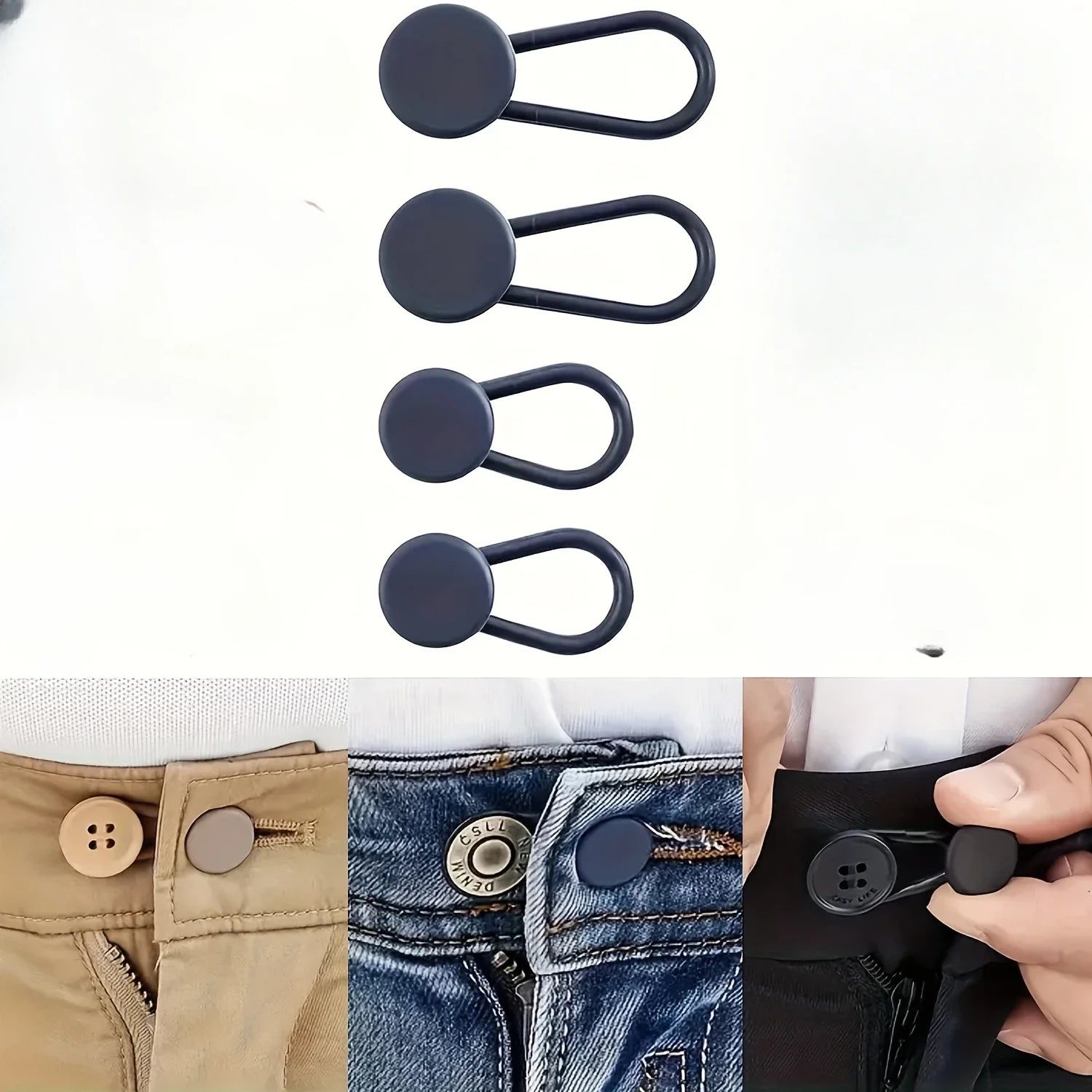 Easy-Adjust 4/12-Pack No-Sew Jean Waist Extenders - Adjustable Pants Button Expanders Adds 1-1.4 Inch Unisex In Khaki/Blue/Black