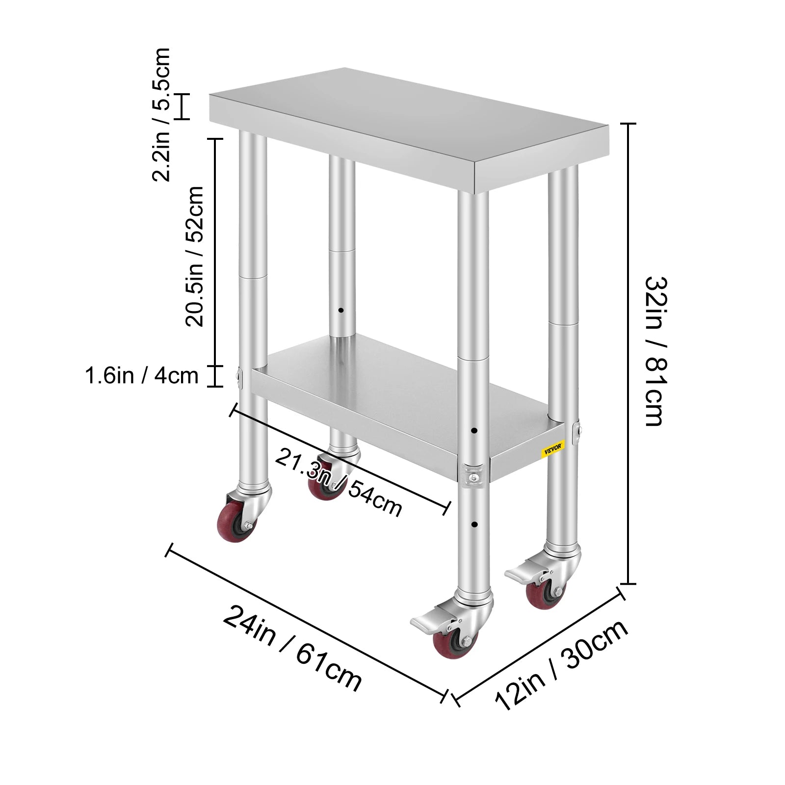 Stainless Steel Kitchen Prep Table with Wheels & Adjustable Shelf