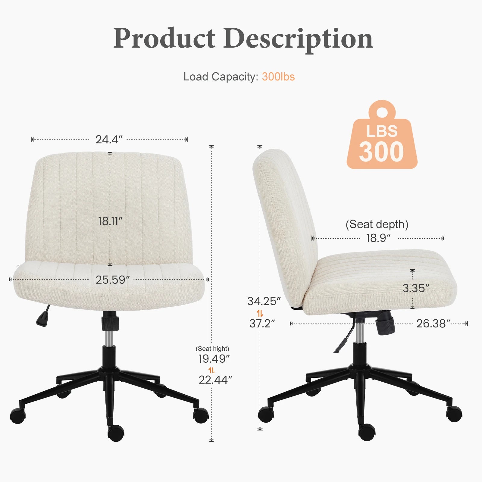 Wide Cross Legged Office Chair Armless Swivel Adjustable Desk Chair