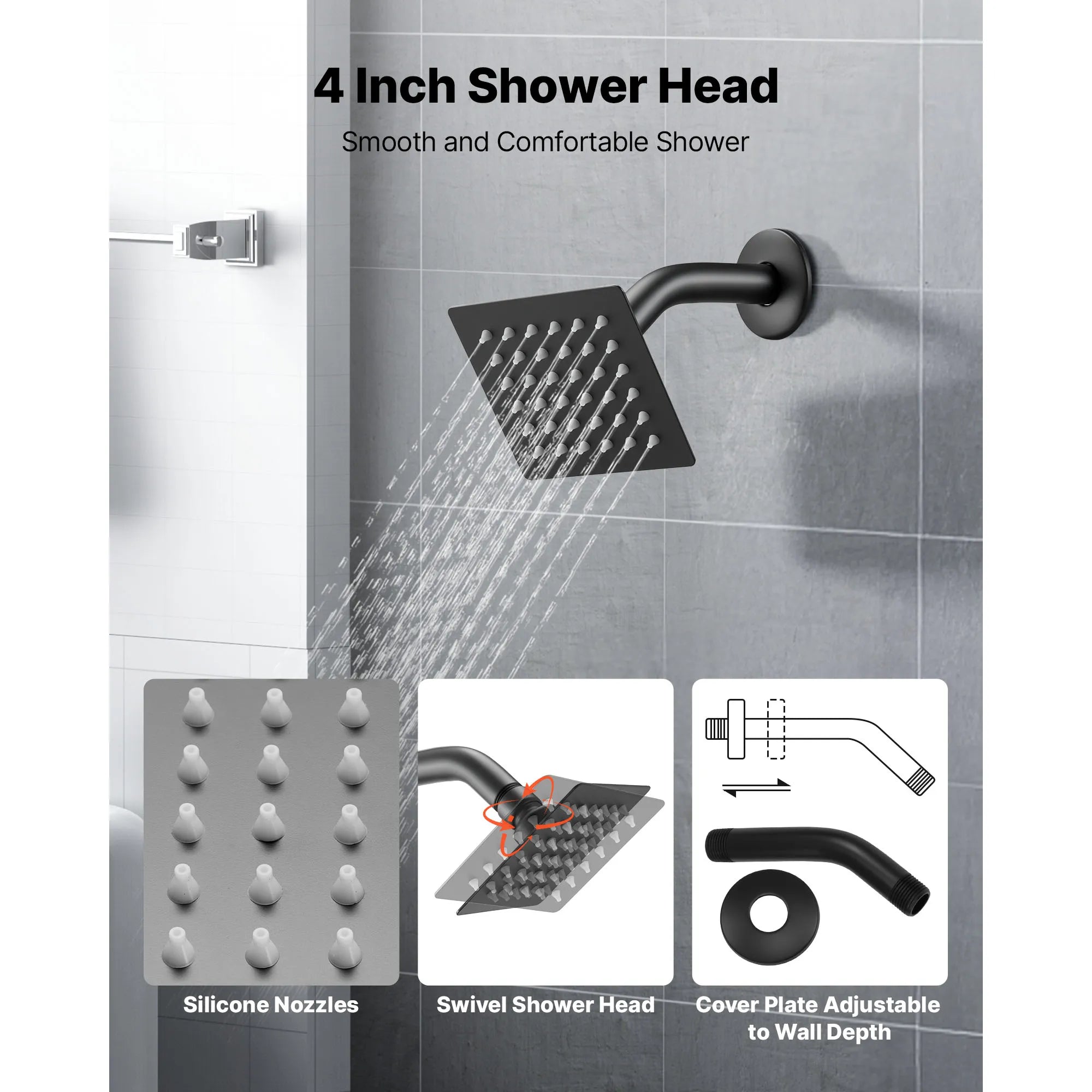 Conjunto de grifo para bañera y ducha con cabezal de ducha tipo lluvia de 4 pulgadas negro