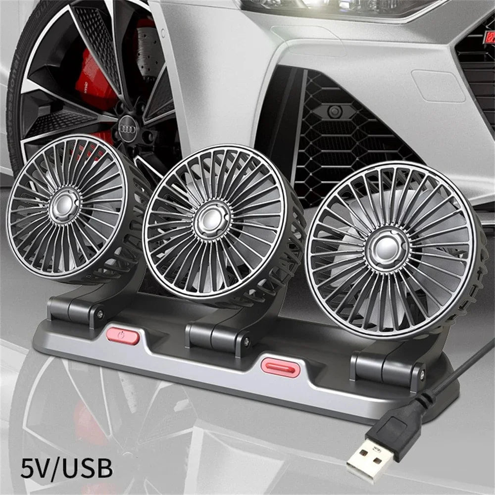 360° Justerbar Dobbelt Hoved Bilventilator med USB & 12V/24V Strøm