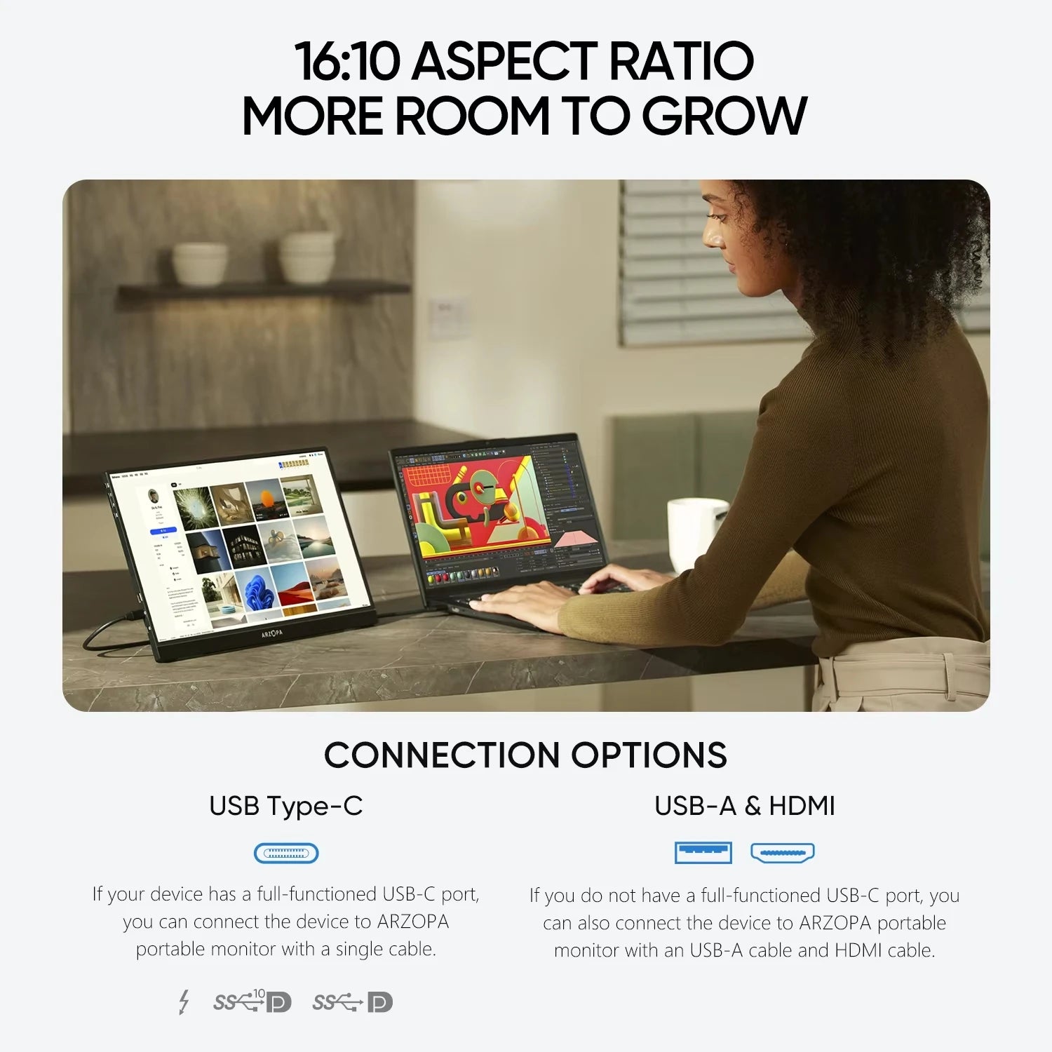 ARZOPA 16calowy 2K przenośny monitor 16:10 ekran IPS z mini HDMI typu C drugi wyświetlacz do MAC/laptopa/PC/Xbox/PS4/5/Switch,Z1RC