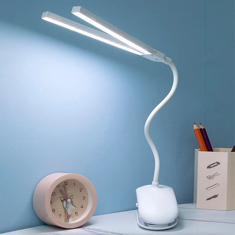 LED Clip Reading Lamp with Two Heads and Touch Dimming