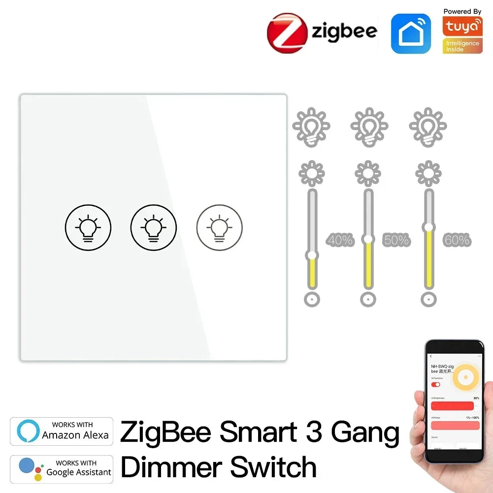 MOES Smart Dimmer Switch ZigBee Tuya, 1/2/3 Gang Control, Alexa Google Home Compatible, APP Remote Dimming