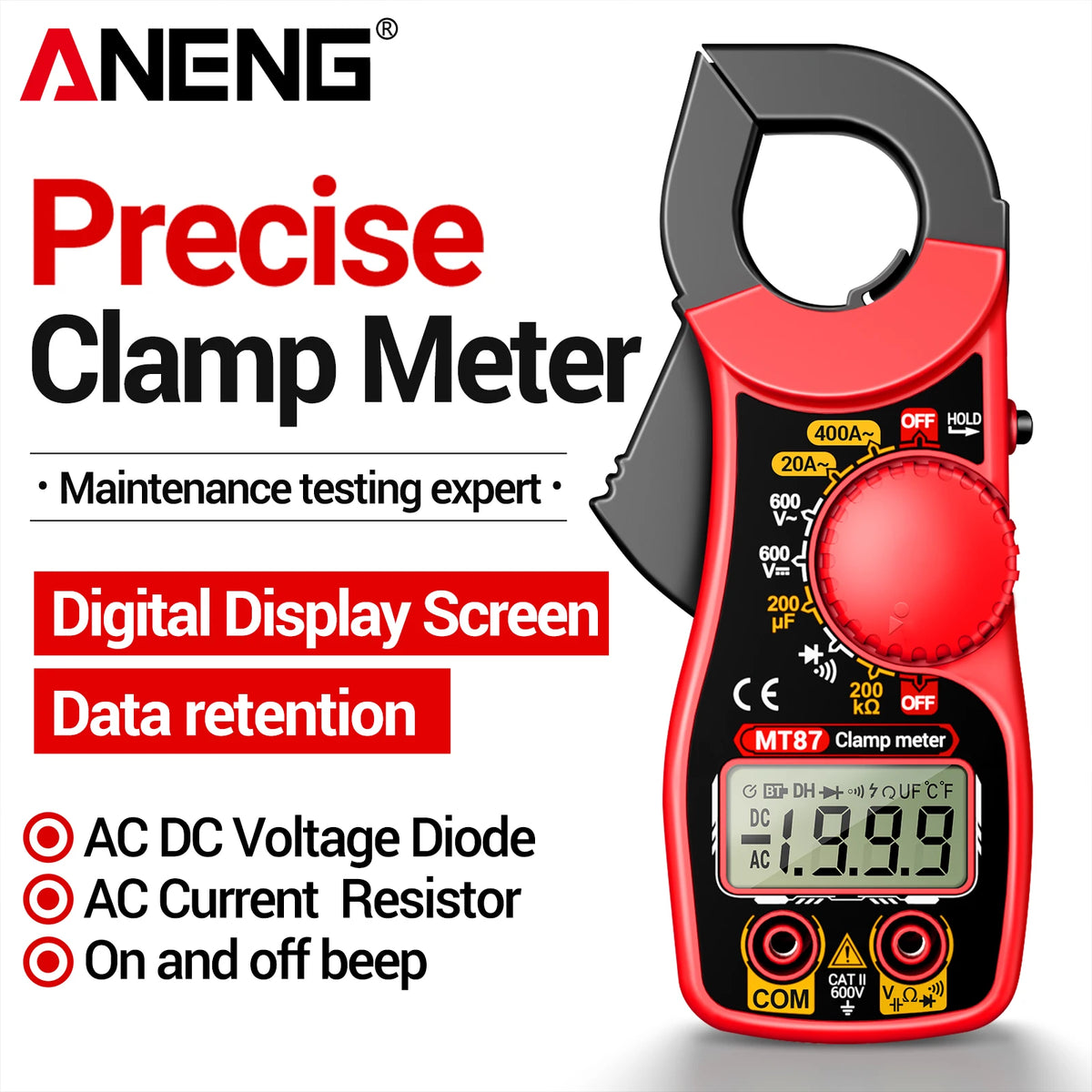 ANENG MT87 Clamp Meter, 400 A AC, 1999 Counts, NCV and Data Hold