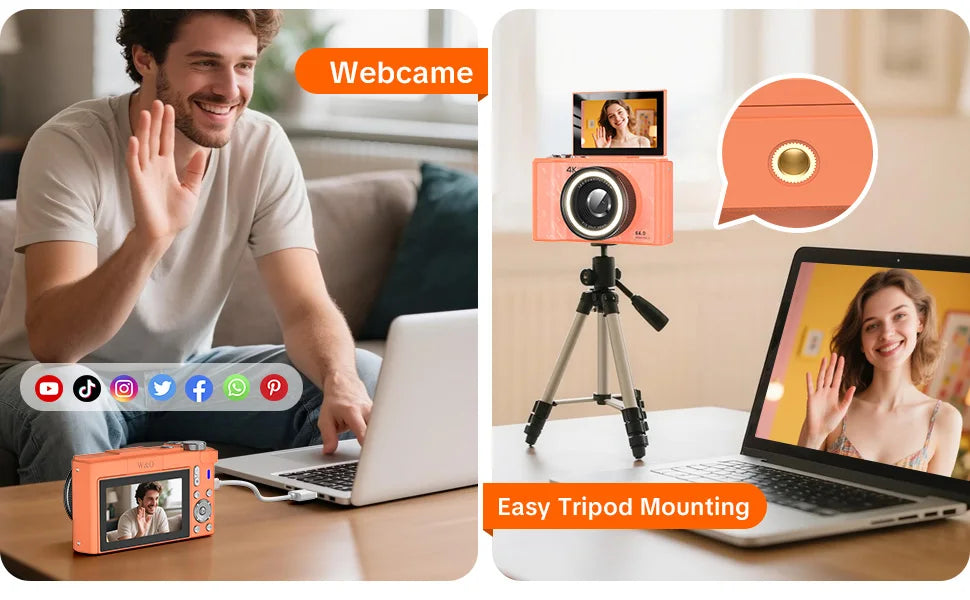 4K Vlogging Camera with 180° Flip Screen, Ring Light, Beauty Mode, 32GB SD Card