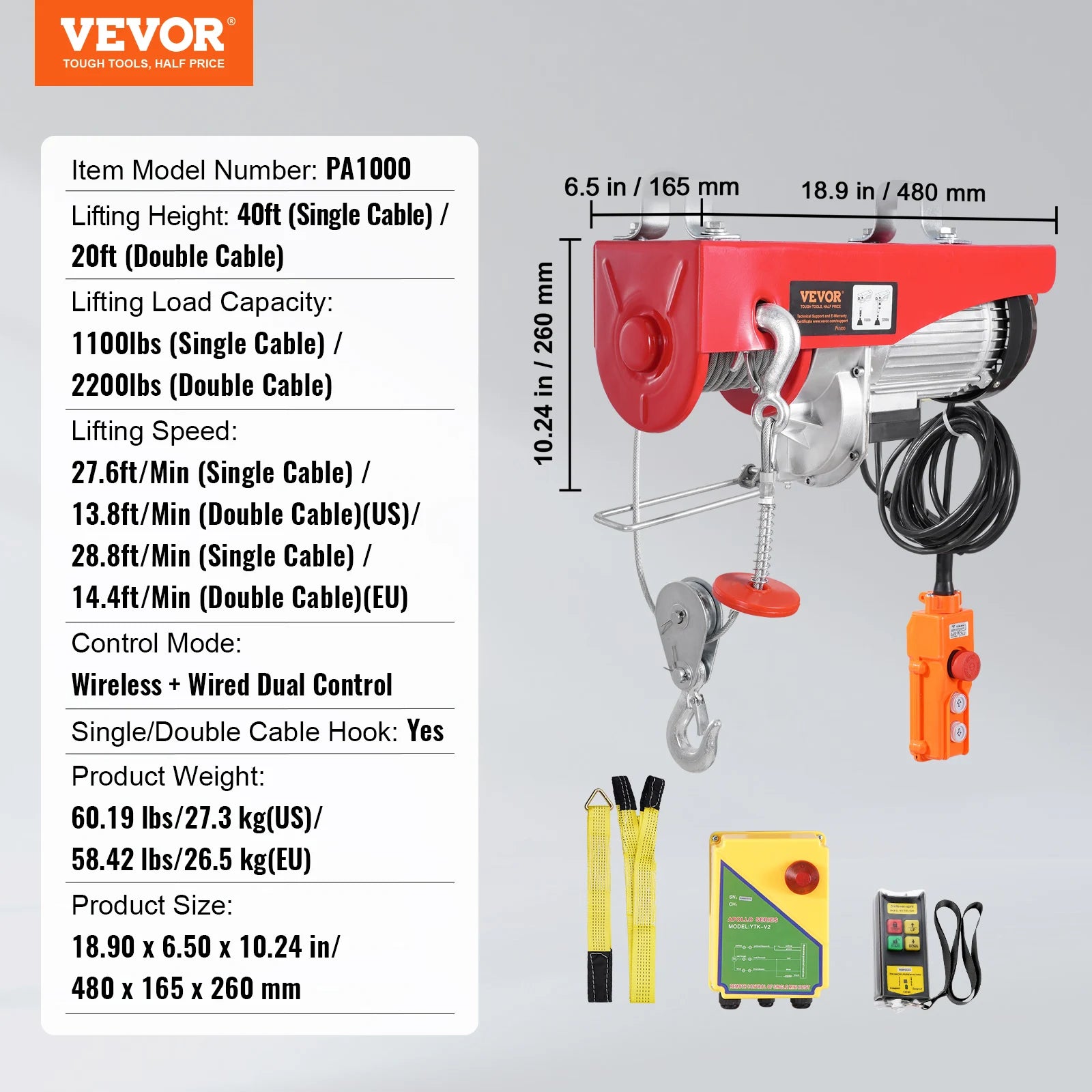 Paranco Elettrico 2200 lbs con Controllo Wireless e Cablato per Gru